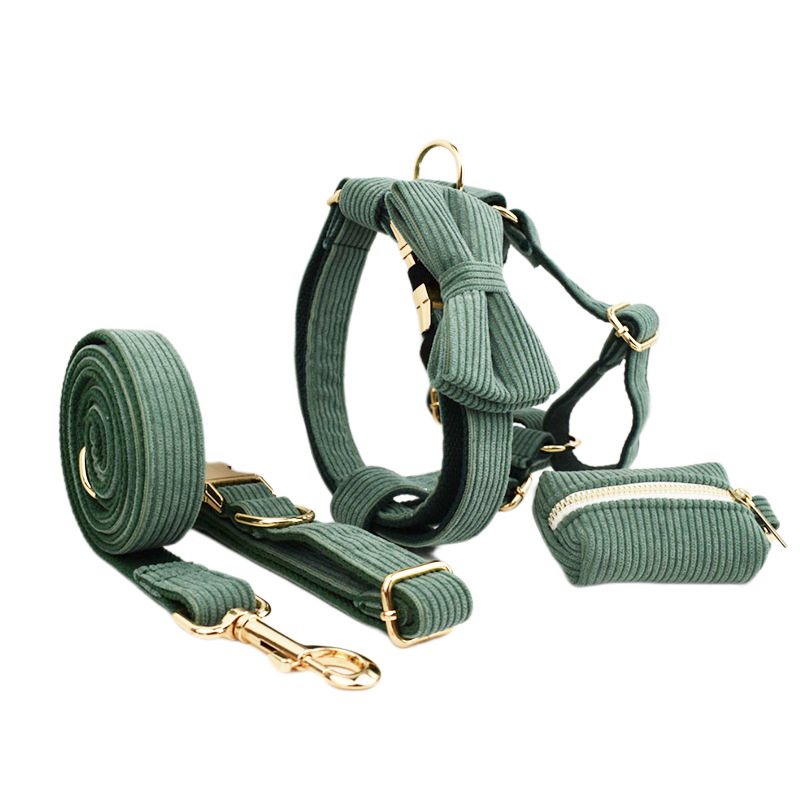 Corduroy Bow Dog Harness Leash And Pouch Set