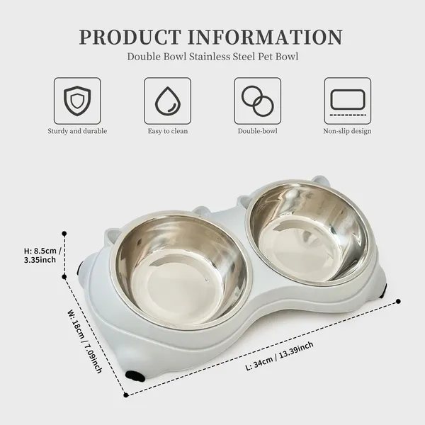 Double Stainless Steel Pet Bowls With Non-Slip Base, Gray