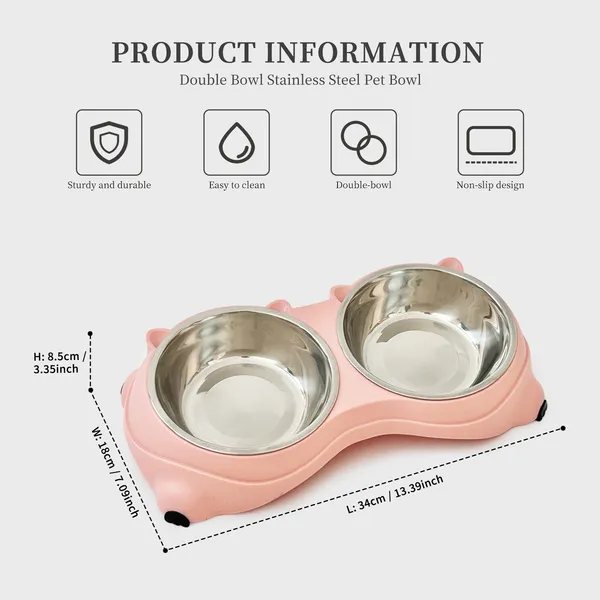 Double Stainless Steel Pet Bowls With Non-Slip Base, Pink