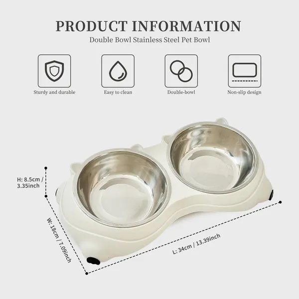 Double Stainless Steel Pet Bowls With Non-Slip Base, White