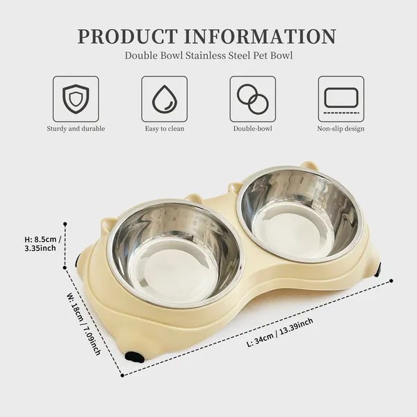 Double Stainless Steel Pet Bowls With Non-Slip Base, Yellow