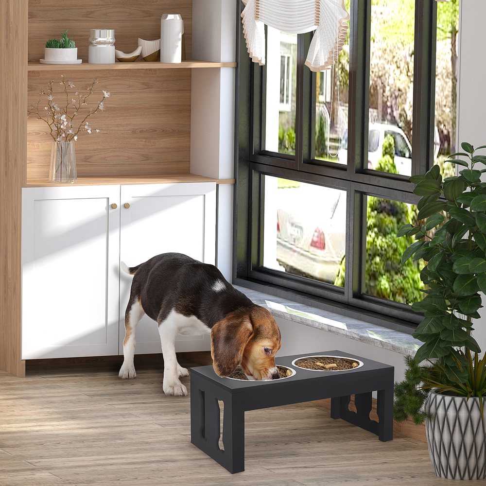 Elevated Wooden Feeding Station With Double Bowls, Black