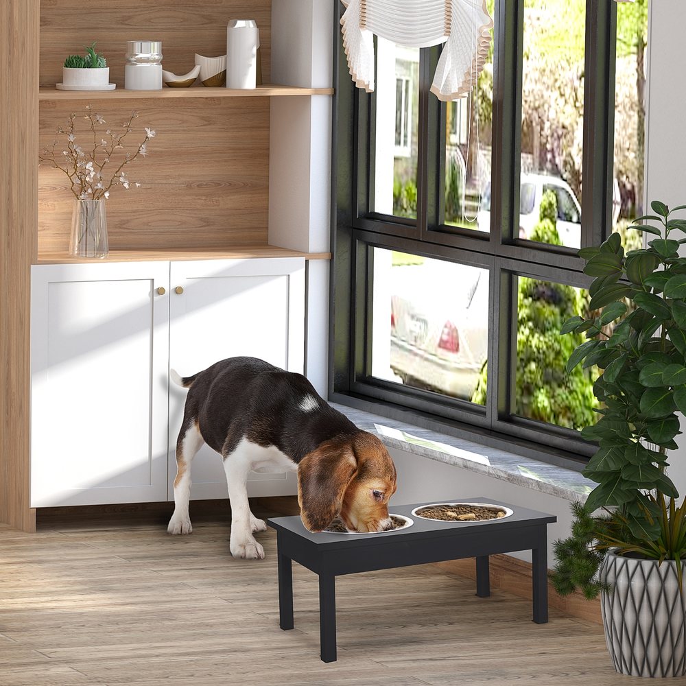 Elevated Wooden Feeding Station With Double Bowls, Black