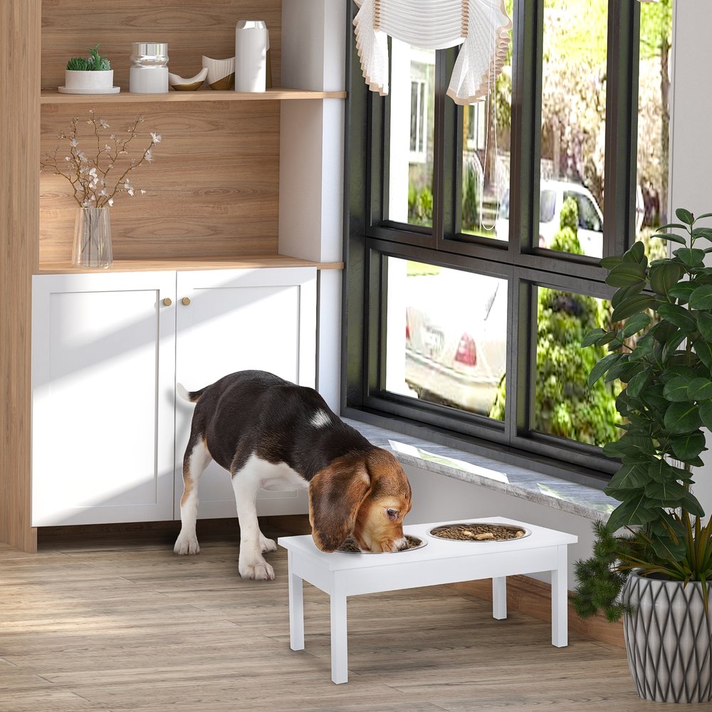 Elevated Wooden Feeding Station With Double Bowls, White