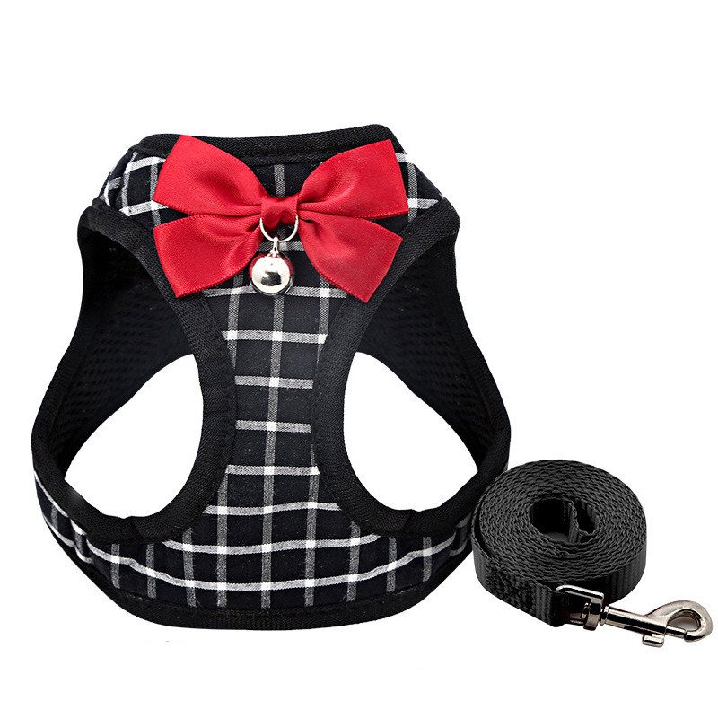 Plaid Mesh Vest Harness With Bow And Bell Plus Leash