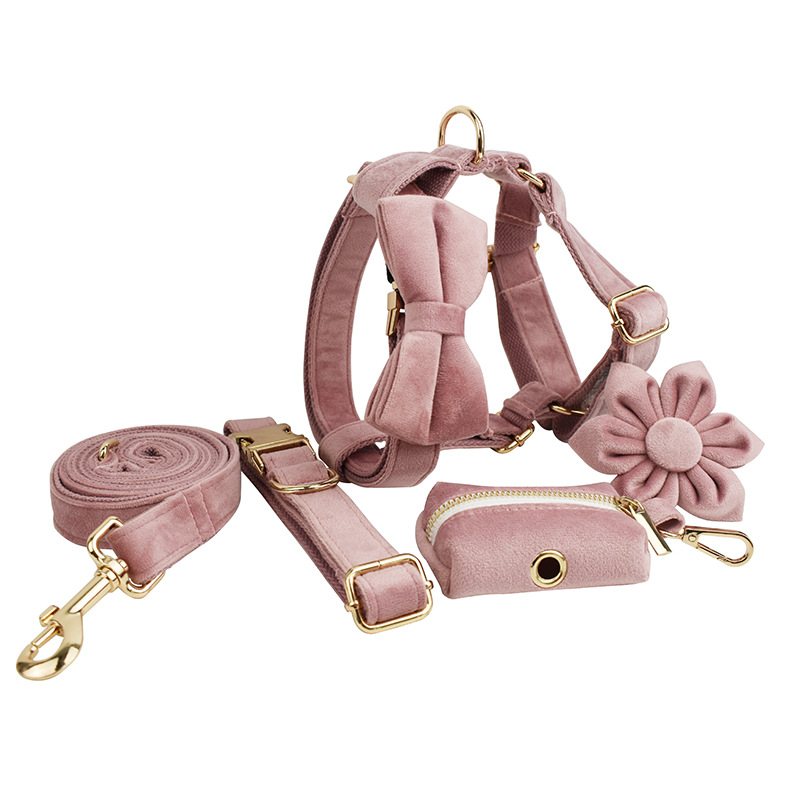 Purple Velvet Bow Dog Harness Leash And Pouch Set