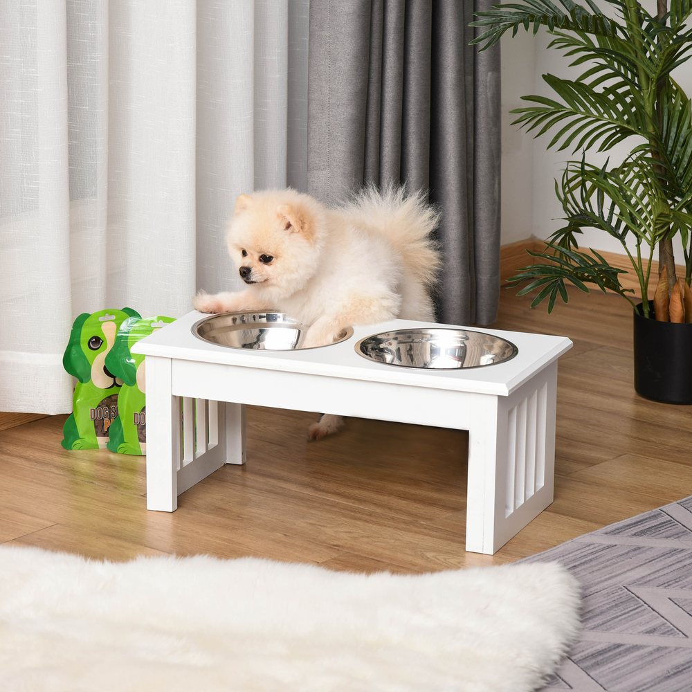 Small Elevated Wooden Feeding Station With Double Bowls, White