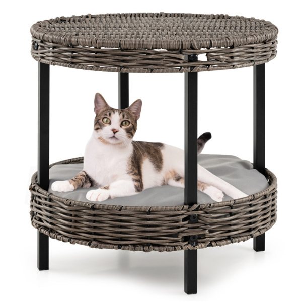 Two-Tier Rattan Cat Bed With Padded Cushion