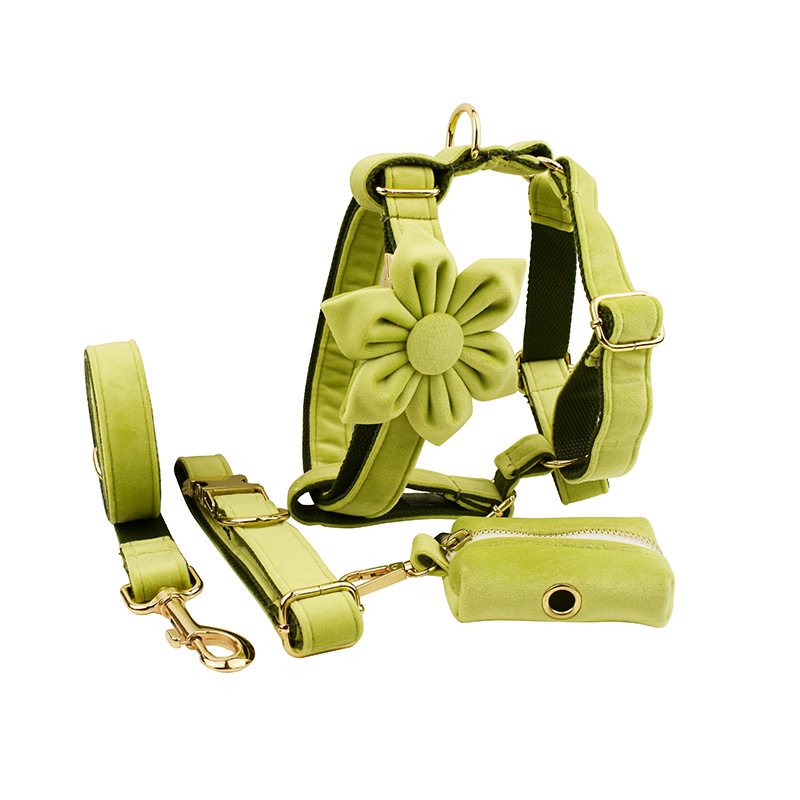 Velvet Bow Dog Harness Leash And Pouch Set